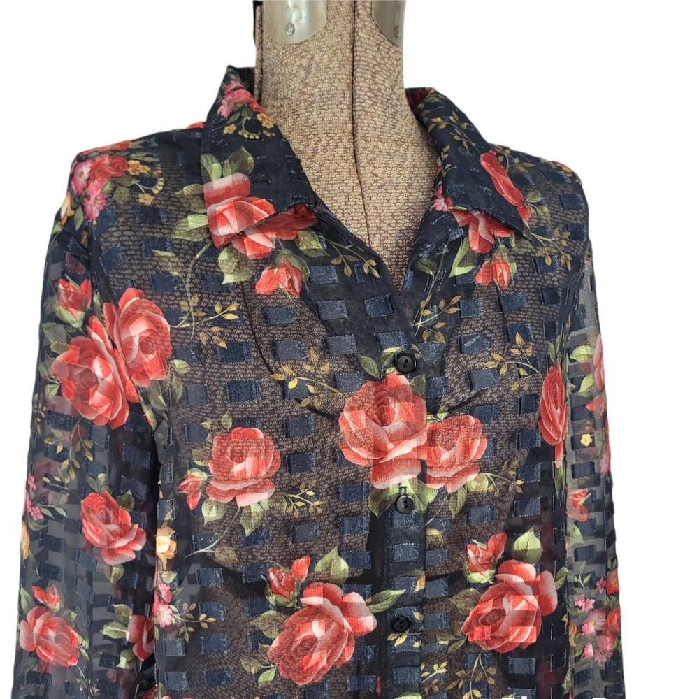 Vintage sheer checkered blouse with red roses Floral Print
